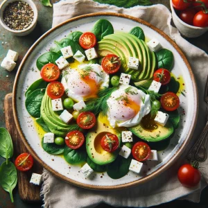 Mediterranean Poached Eggs with Spinach Avocado and Feta