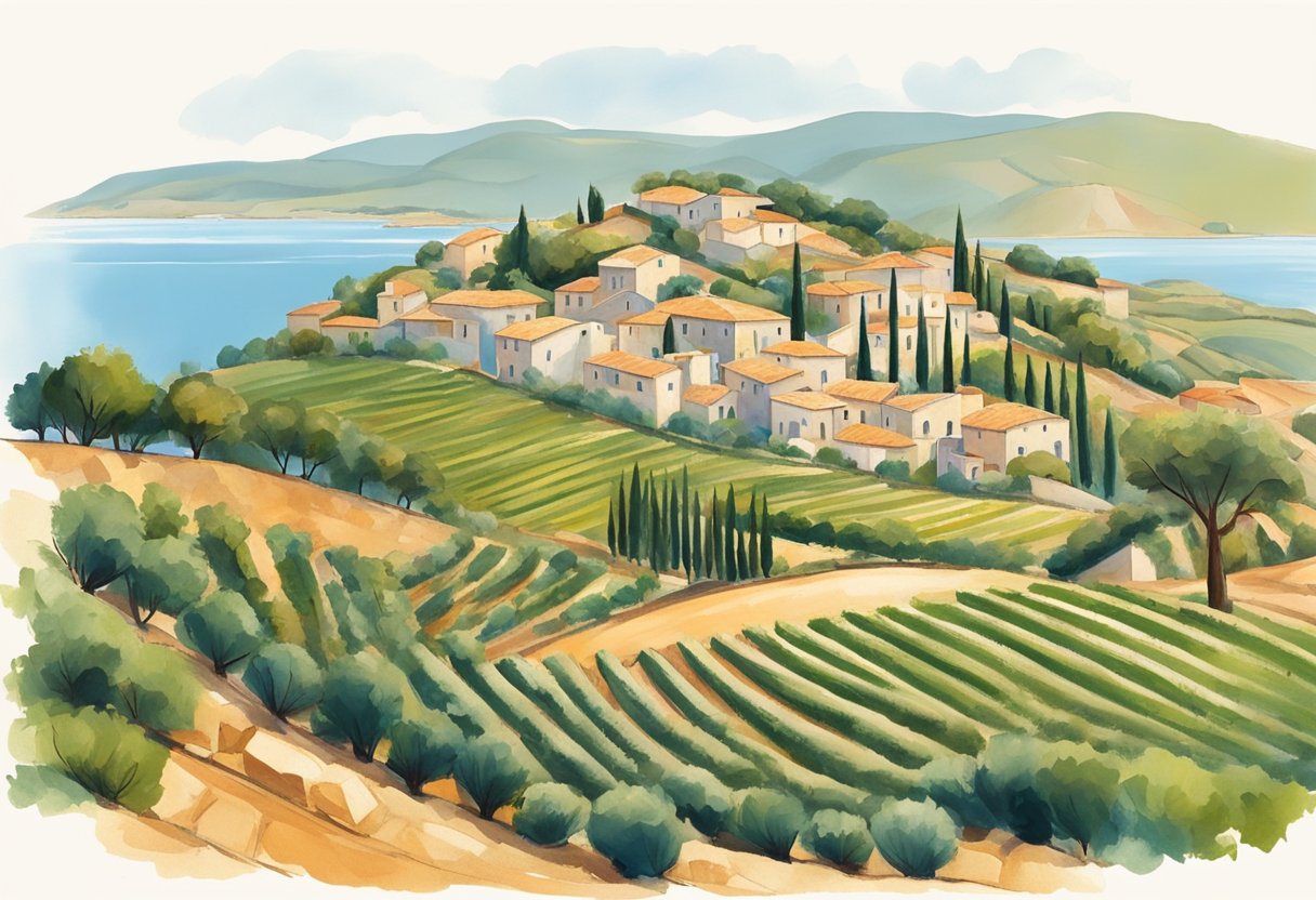 A serene Mediterranean landscape with olive groves, vineyards, and a calm sea under a clear blue sky. A small village sits nestled in the hills, with traditional stone houses and terracotta roofs