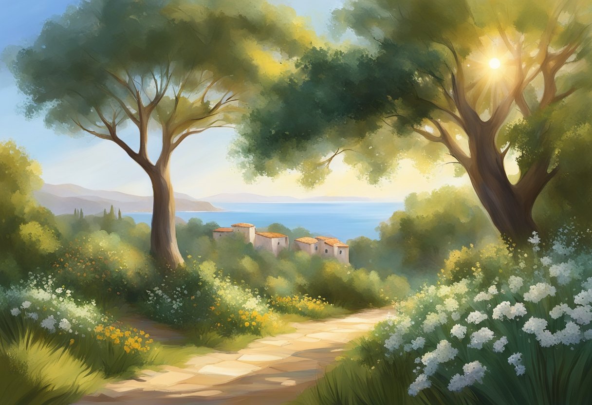 A serene Mediterranean landscape with lush greenery, blooming herbs, and a warm, golden sunlight filtering through the trees. A sense of tranquility and natural healing permeates the scene