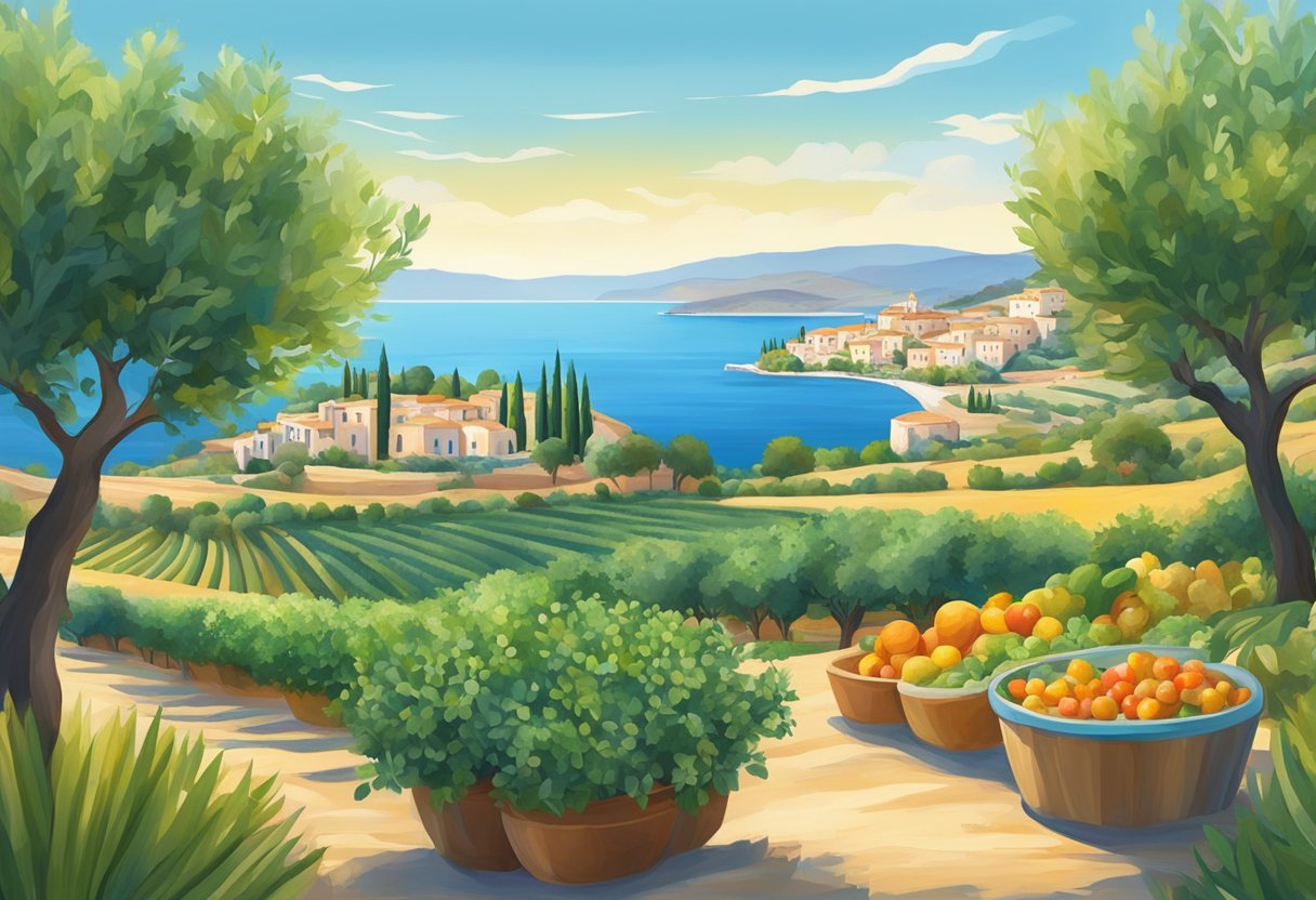 A vibrant Mediterranean landscape with fresh produce, olive trees, and a clear blue sea, showcasing sustainable living and healthy dietary patterns