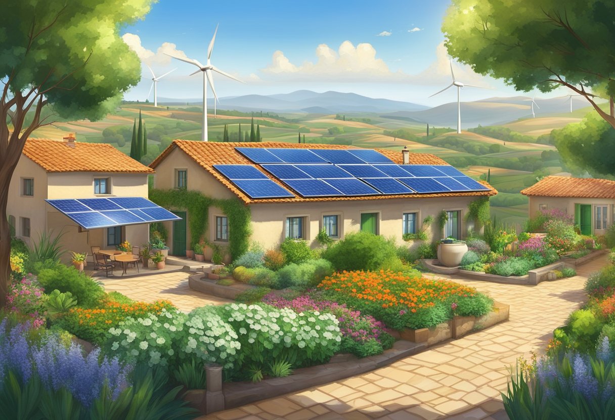 A lush Mediterranean landscape with solar panels on rooftops, wind turbines in the distance, and a thriving garden with water-saving irrigation systems