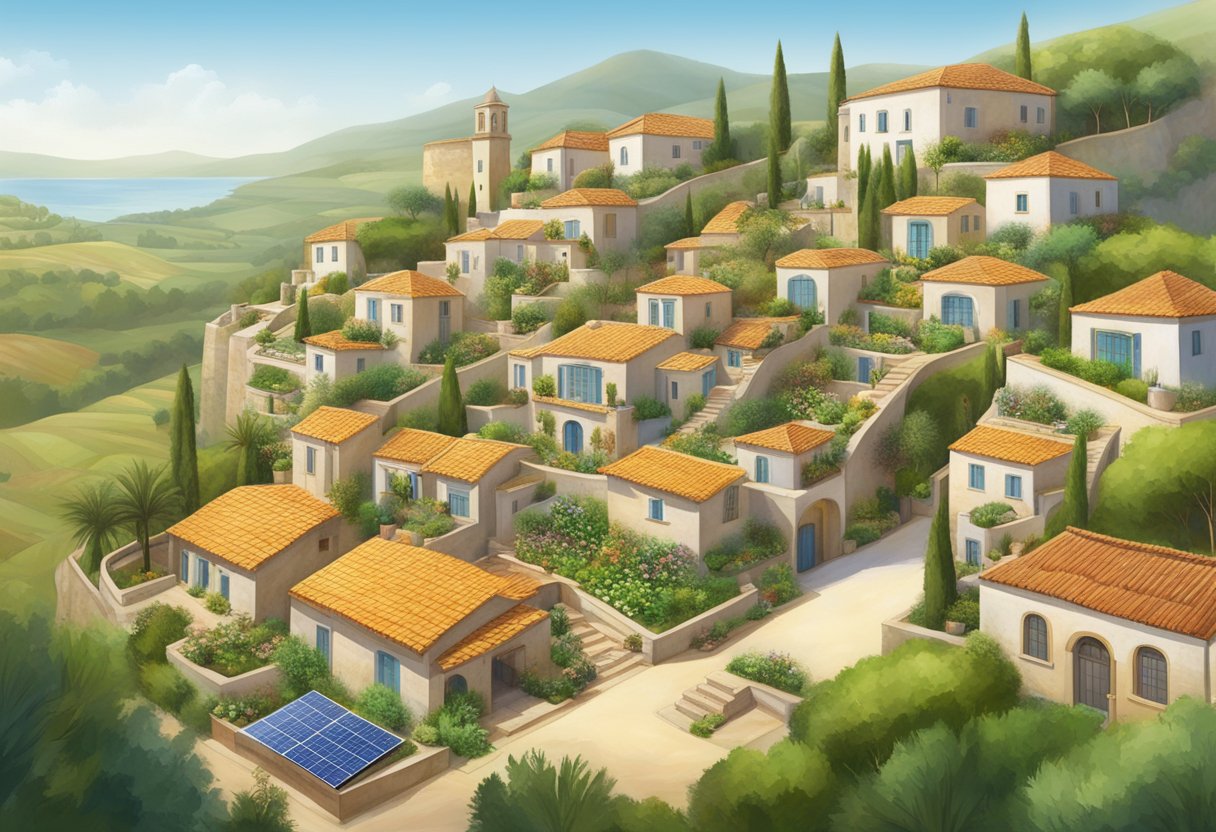 A Mediterranean village with traditional architecture surrounded by lush gardens and terraced farmland, with solar panels and water conservation systems integrated into the buildings