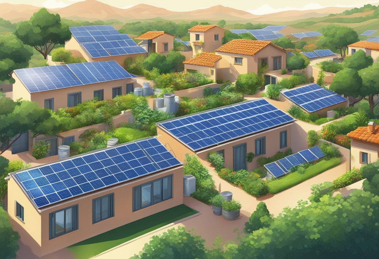 A lush Mediterranean landscape with solar panels on rooftops, water-saving irrigation systems, and recycling bins