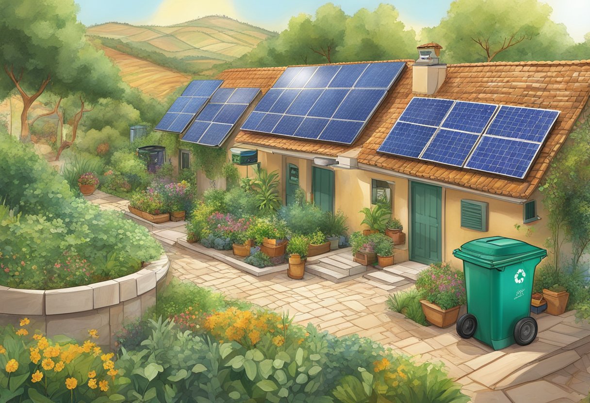 A lush Mediterranean landscape with solar panels, recycling bins, and a compost pile, showcasing sustainable living practices