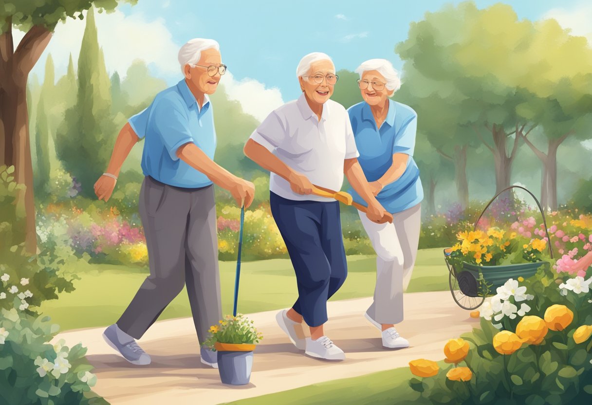 Elderly individuals engaging in various physical activities outdoors, such as walking, gardening, and playing traditional Mediterranean games