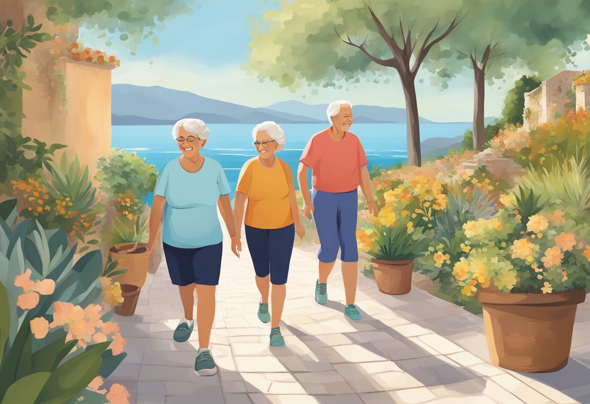 Older adults in a Mediterranean setting engage in safe exercise modes, such as walking, swimming, and yoga, to stay active and healthy