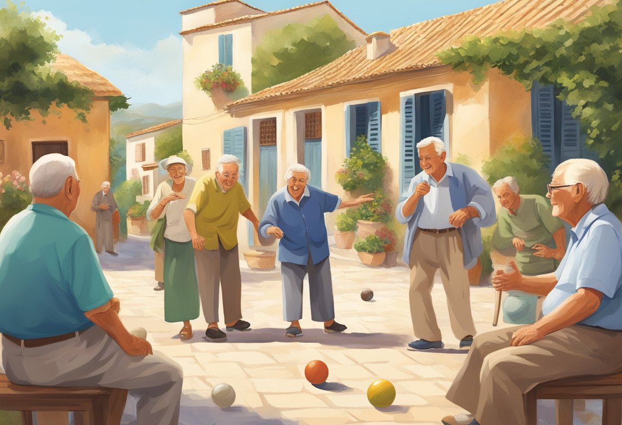 Elderly people playing bocce ball in a sunny Mediterranean village square. Surrounding them are lively conversations and laughter, with the scent of fresh Mediterranean cuisine in the air