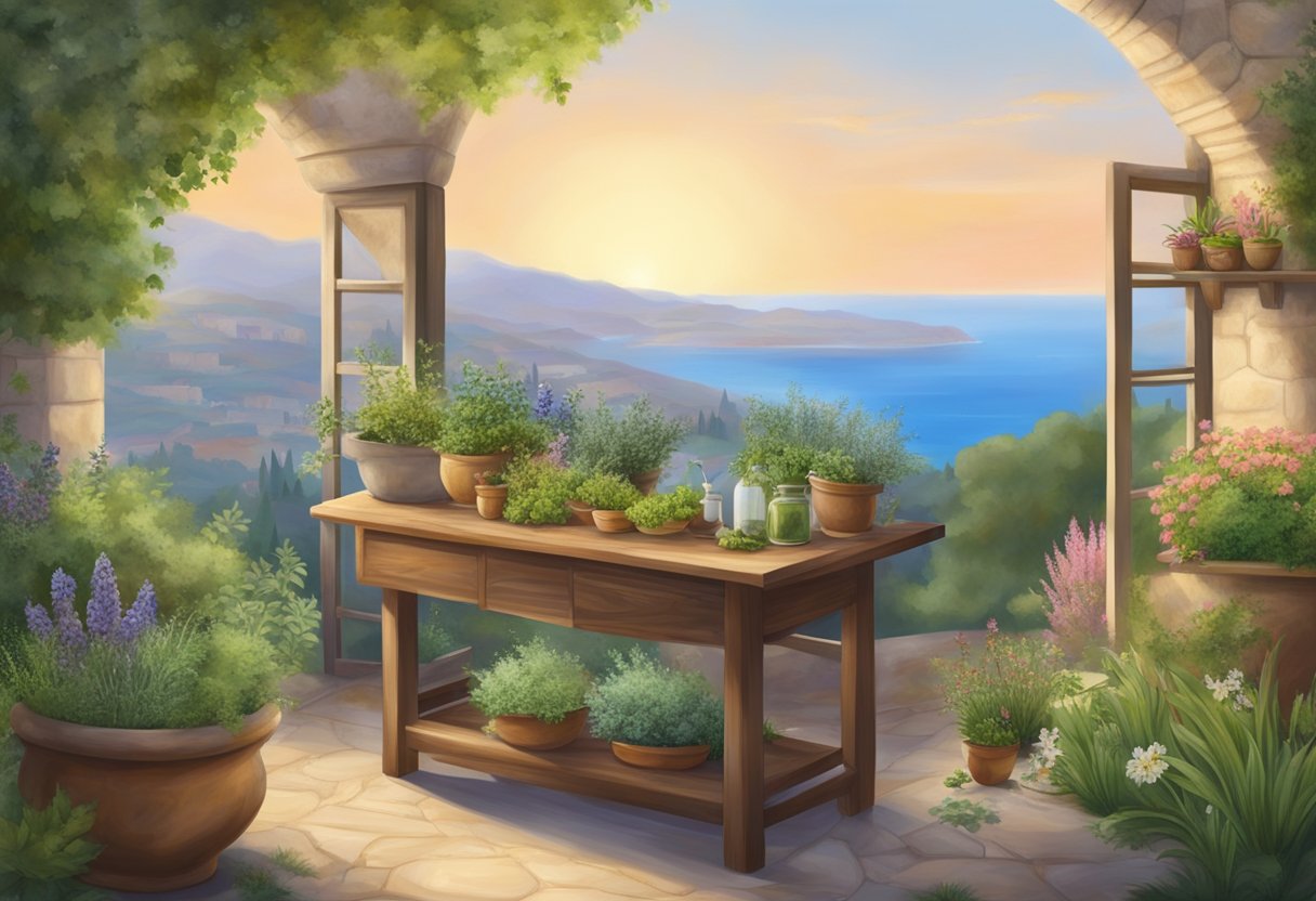 A Mediterranean landscape with vibrant herbs and plants, a traditional apothecary table with mortar and pestle, and a serene atmosphere of natural healing and cultural significance