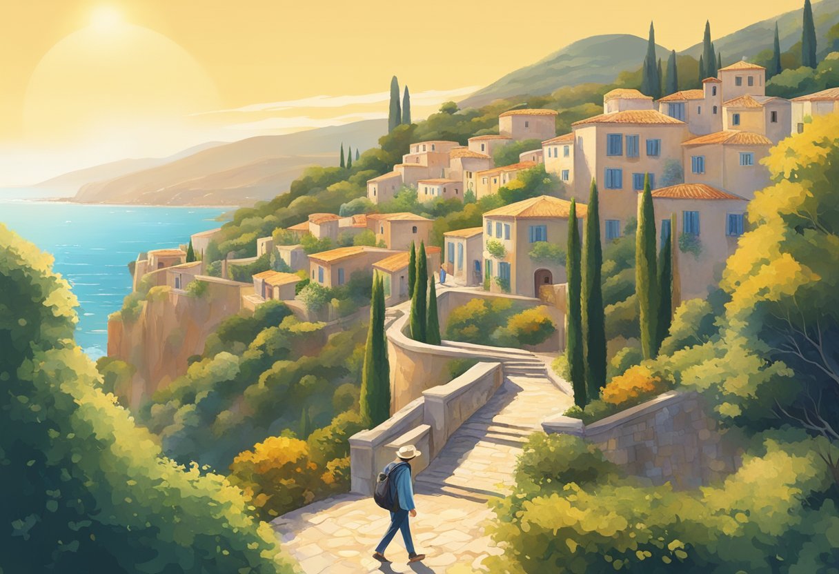 An elderly person walking along a scenic Mediterranean coastline, surrounded by vibrant greenery and ancient architecture, with the sun shining brightly overhead