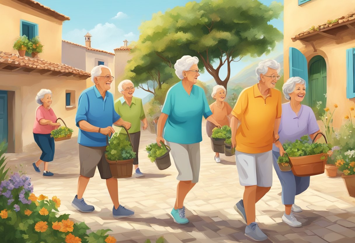 A group of seniors in a Mediterranean village engage in daily fitness activities, such as walking, gardening, and dancing, as part of their active lifestyle