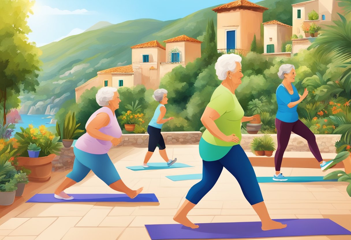 Elderly individuals engaging in various fitness activities outdoors in a Mediterranean setting, such as walking, yoga, and light weightlifting, surrounded by vibrant nature and architecture