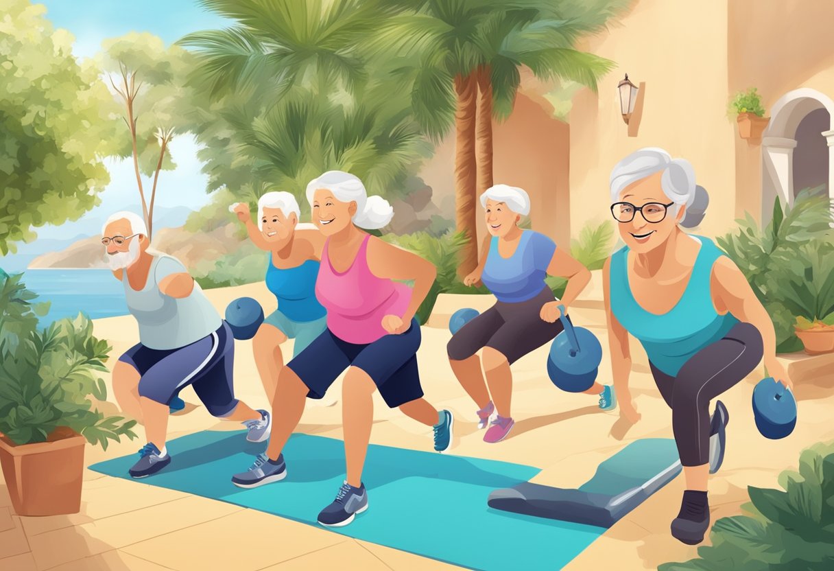 A group of seniors engaging in various fitness activities under the guidance of a professional in a Mediterranean setting