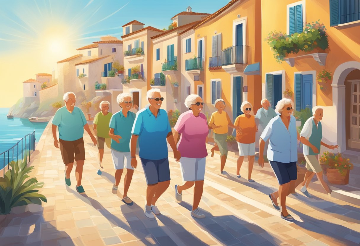 A group of seniors engage in outdoor activities like walking, swimming, and playing games in a Mediterranean coastal town. The sun shines brightly, and the sea sparkles in the background as they enjoy their active lifestyle