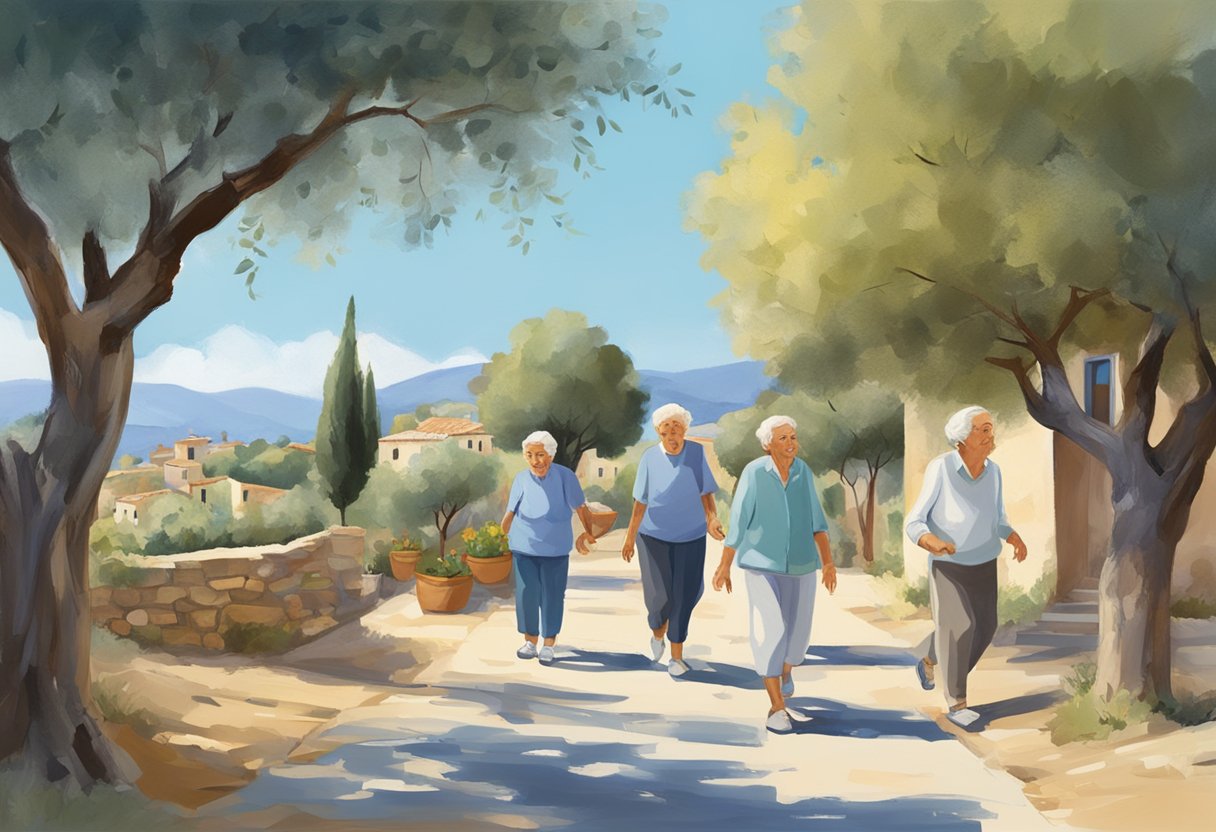 Elderly people in a Mediterranean village exercising outdoors, surrounded by olive trees and a clear blue sky