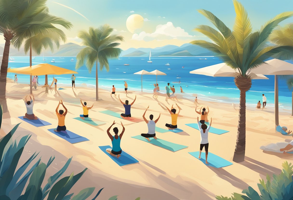 A sunny Mediterranean beach with people doing yoga, swimming, and playing beach volleyball. Palm trees sway in the warm breeze as the clear blue sea sparkles