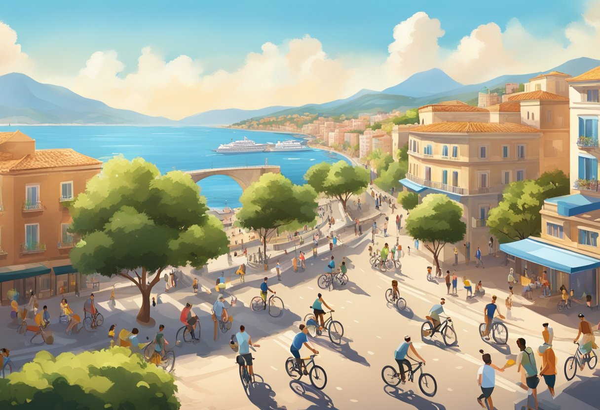 A bustling Mediterranean city with bike lanes, outdoor gyms, and parks filled with people enjoying various sports and activities under the warm sun and clear blue skies