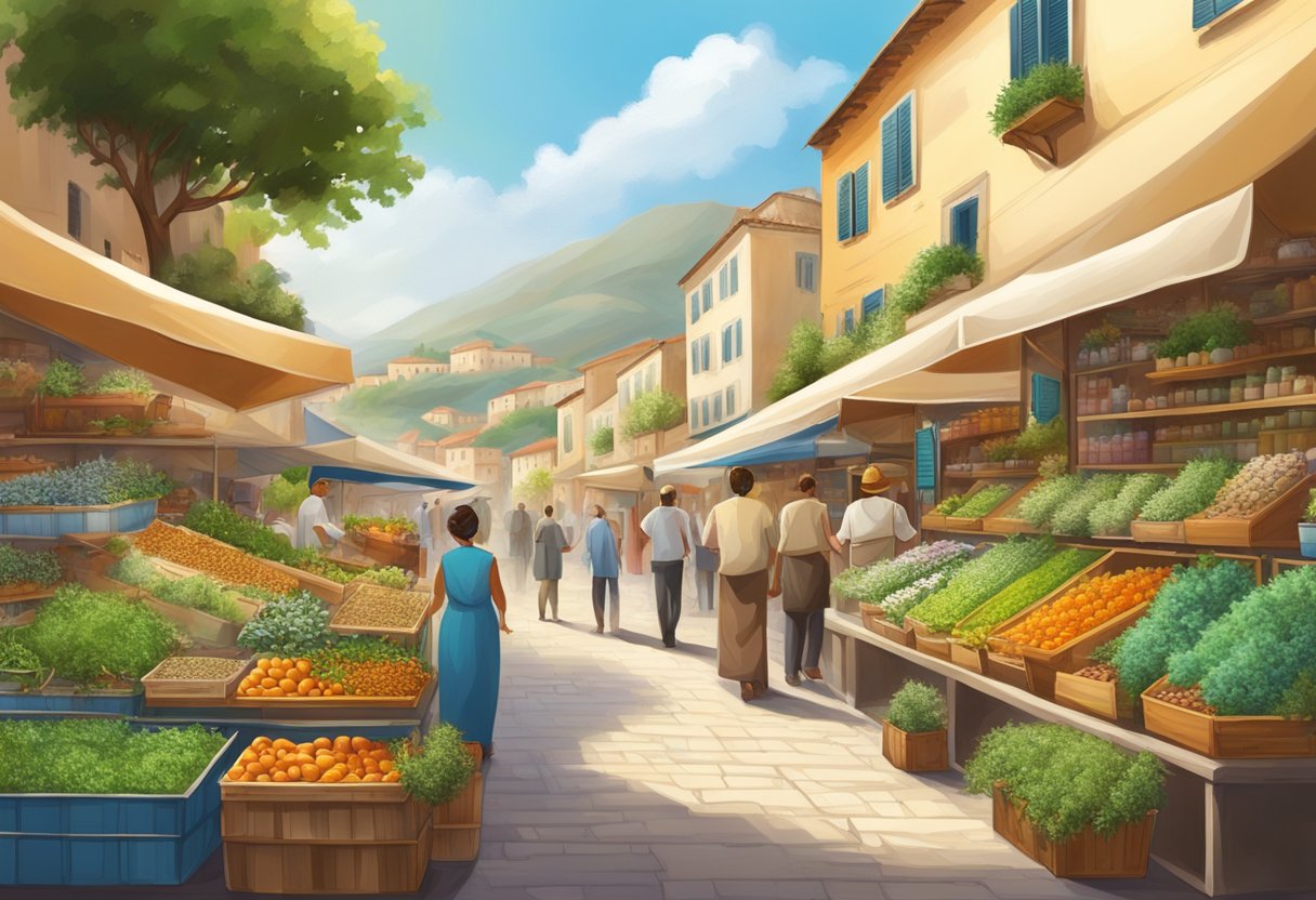 A vibrant Mediterranean landscape with traditional herbs growing alongside modern pharmaceuticals in a bustling marketplace