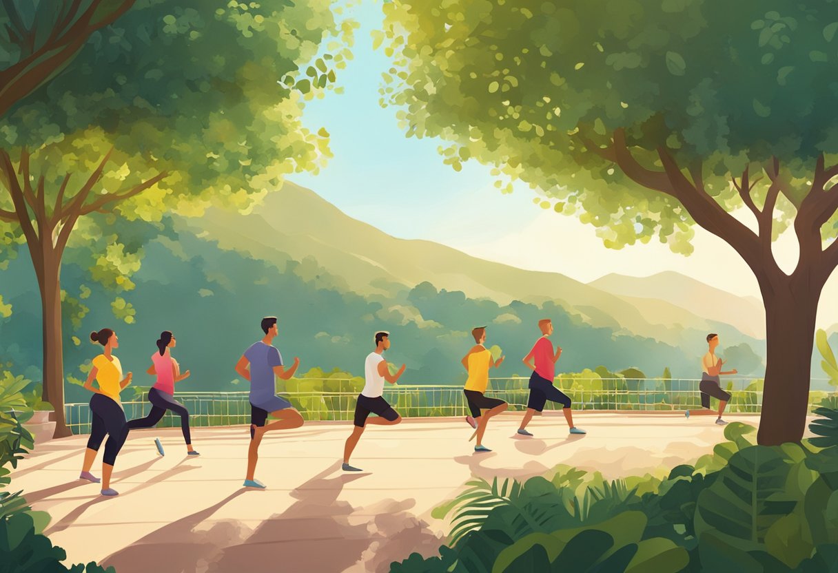 A group of people are exercising outdoors in a Mediterranean setting, surrounded by lush greenery and the bright sun. They are engaged in activities such as yoga, jogging, and cycling, taking advantage of the warm and sunny climate