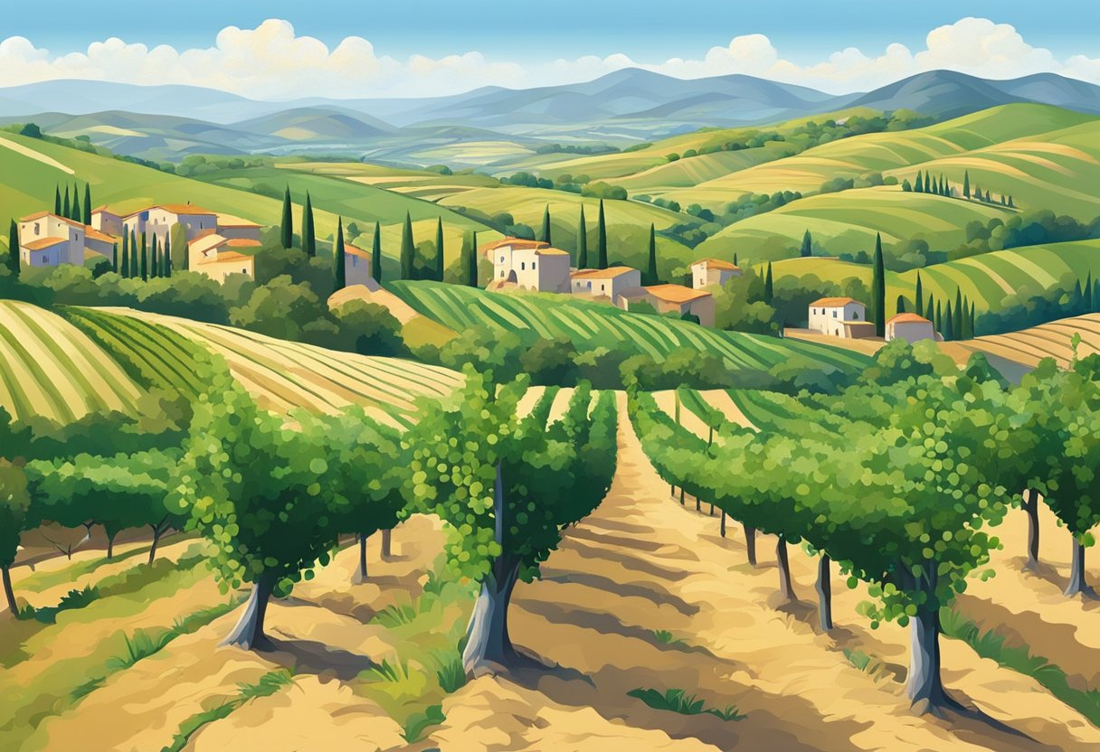 A lush Mediterranean landscape with rolling hills, vineyards, and olive groves. A warm, sunny climate with clear blue skies. Trees and crops thriving in the fertile soil