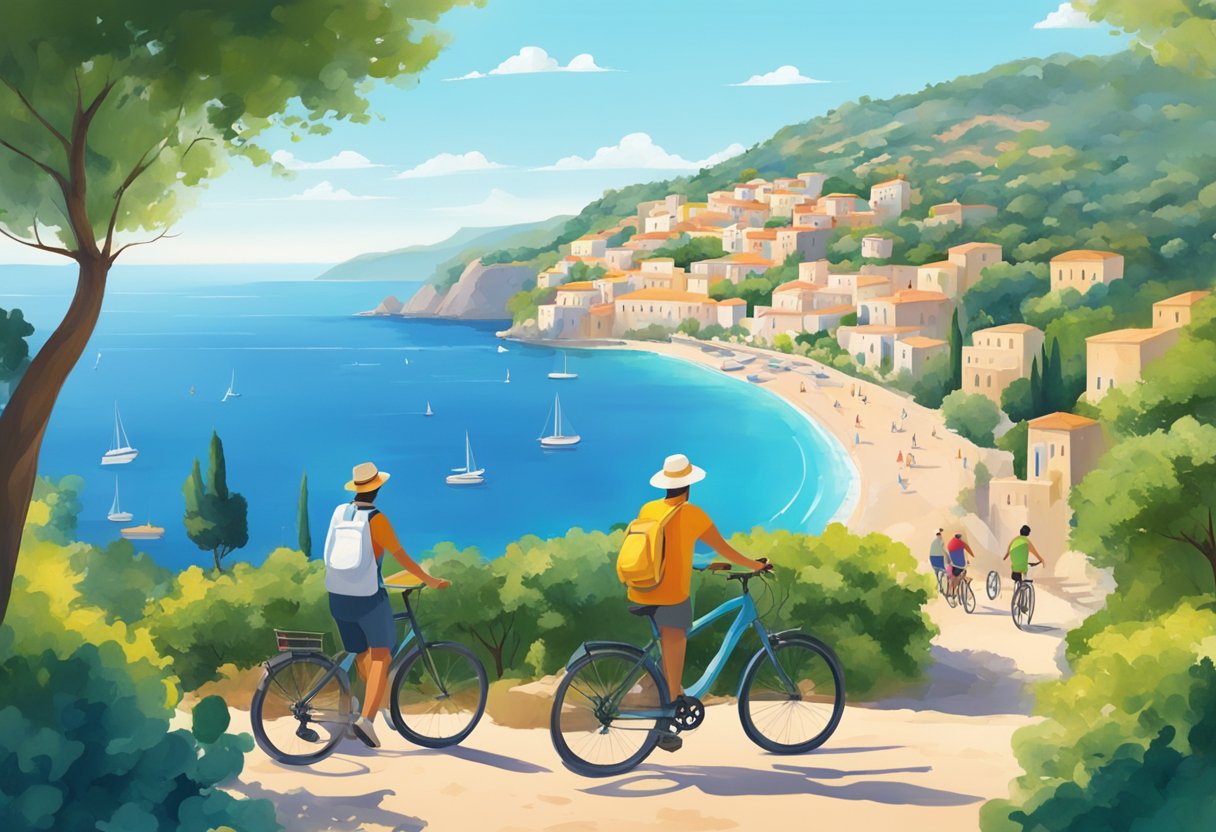 A sunny Mediterranean landscape with people engaging in outdoor activities like hiking, biking, and yoga. The scene includes lush greenery, clear blue skies, and a calm sea in the background