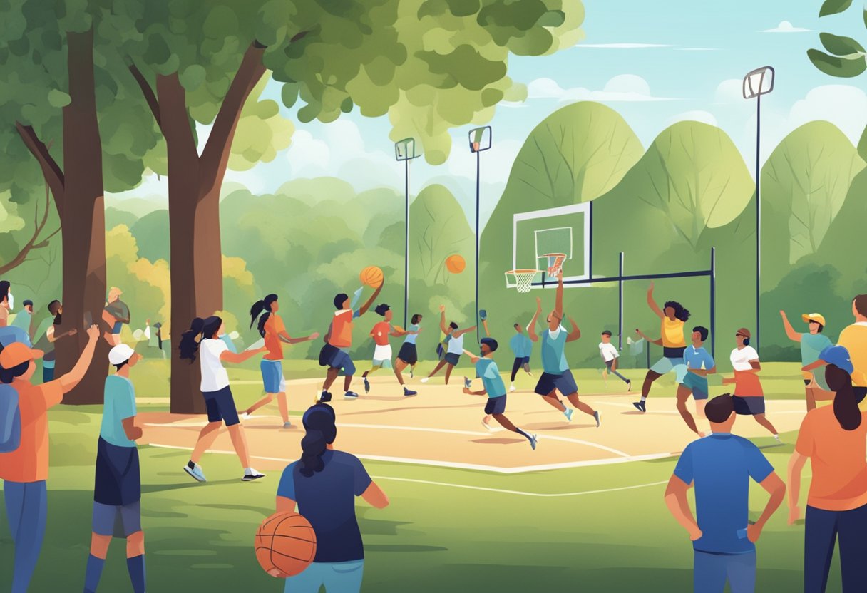 A group of people playing various sports in a park with families and friends cheering them on from the sidelines