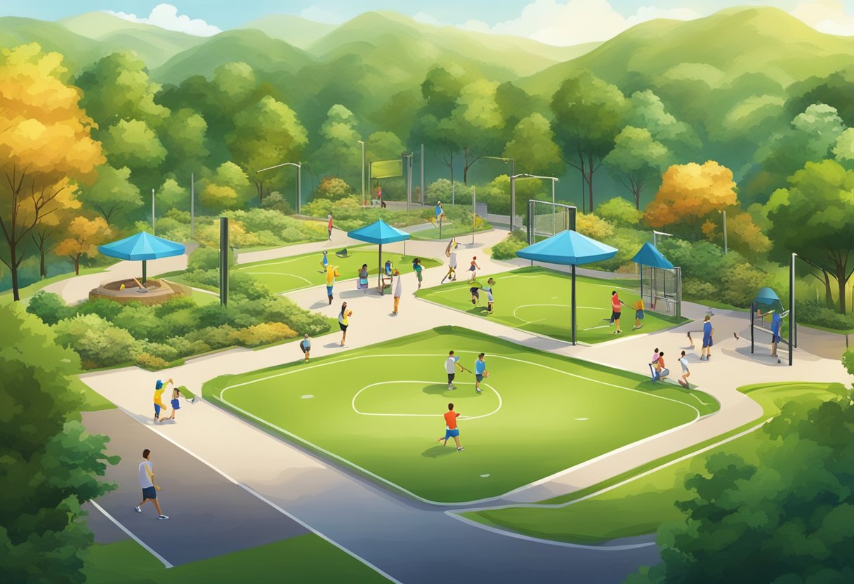 A vibrant community park with well-maintained sports facilities surrounded by lush greenery, promoting safety and sustainability for recreational activities