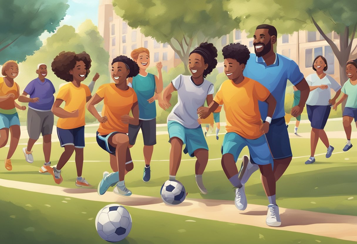 A diverse group of people gather in a park, playing various recreational sports like soccer, basketball, and volleyball. Laughter and cheers fill the air as the community comes together for physical activity