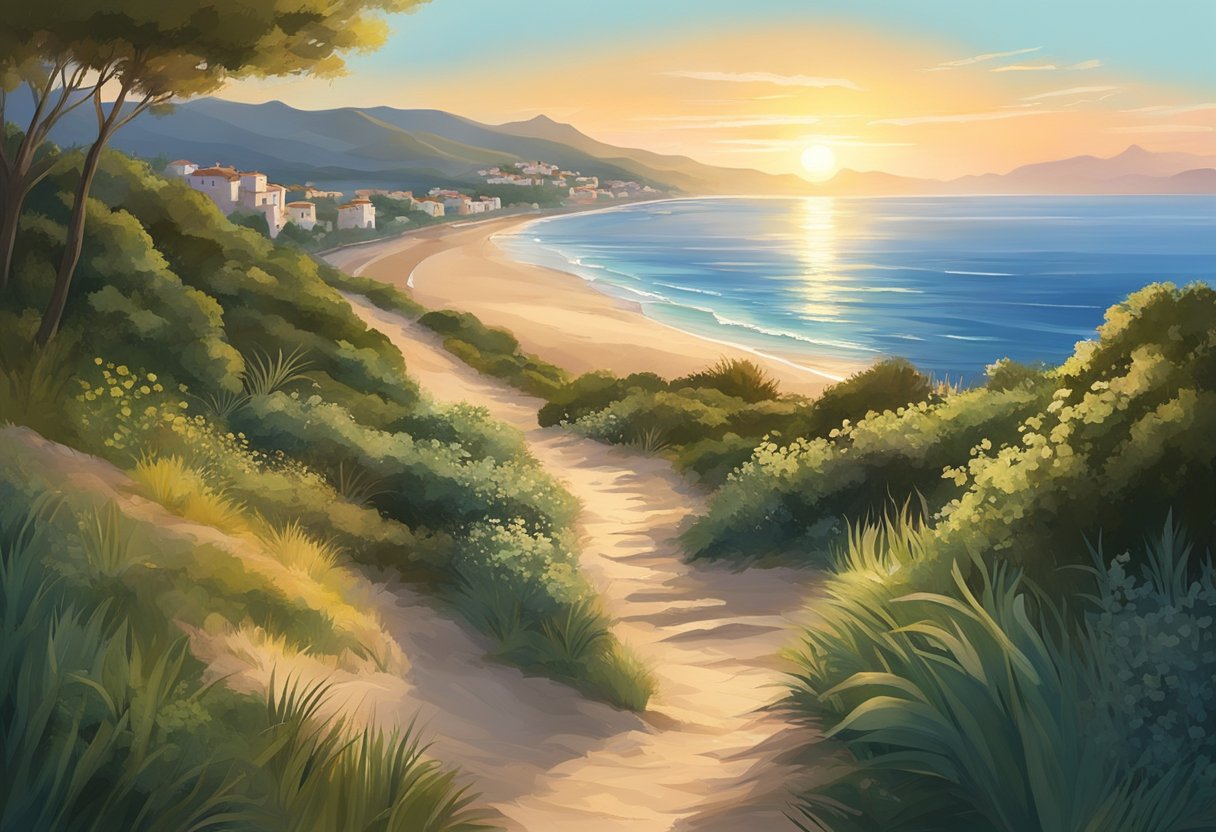 A serene beach with a winding coastal path, bordered by lush Mediterranean vegetation. The sun is setting, casting a warm glow over the scene