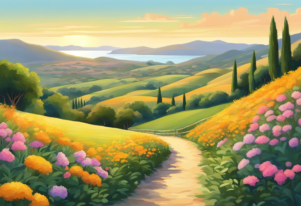 A serene path winds through a lush Mediterranean landscape, with rolling hills and vibrant flora. The sun casts a warm glow, creating a peaceful and inviting atmosphere for a run or jog