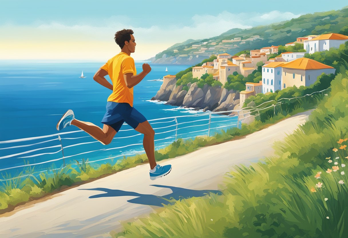 A runner sprints along a coastal path, with the sparkling blue Mediterranean sea on one side and lush greenery on the other