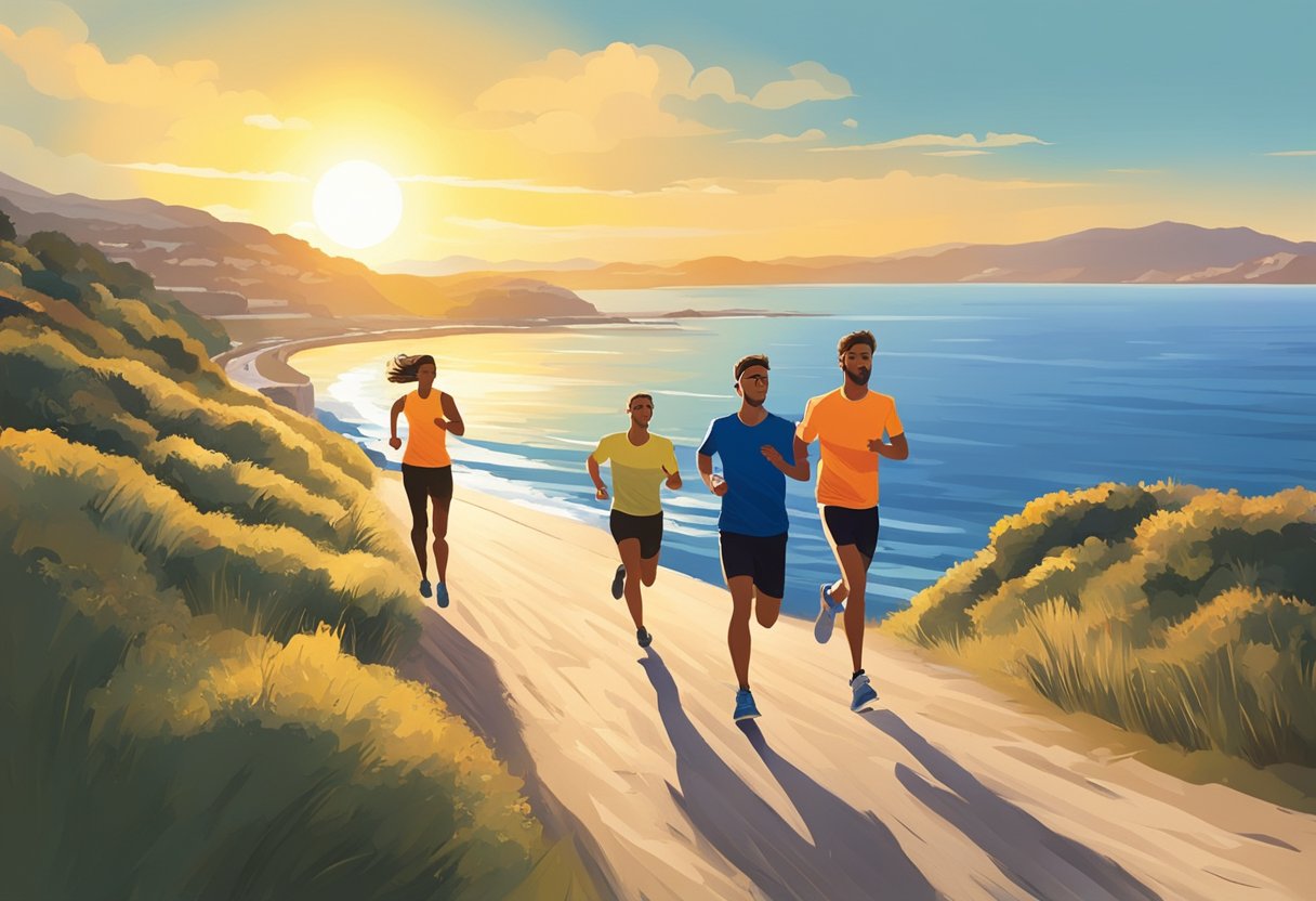 People running on a coastal path, with the Mediterranean sea in the background and the sun setting over the horizon