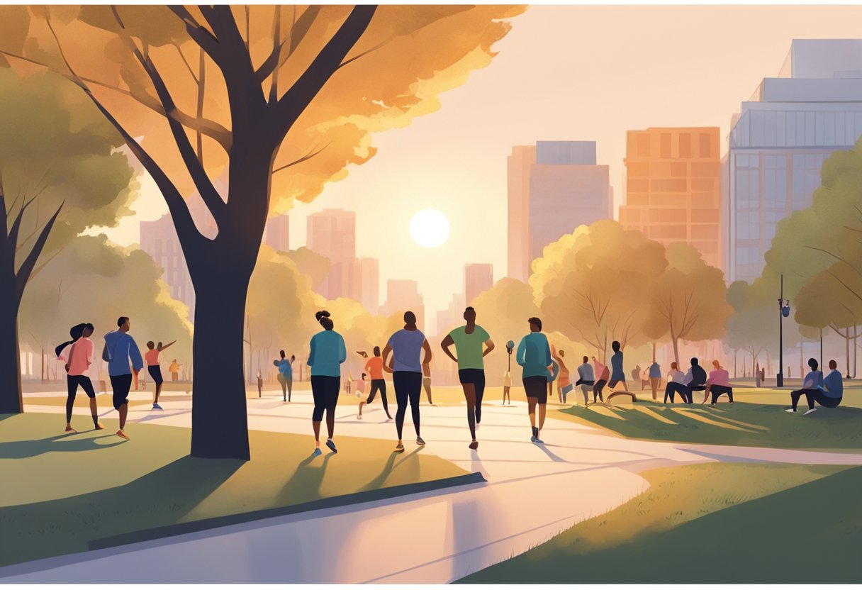 A group of people gather in a park, chatting and stretching before a run. The sun is setting, casting a warm glow over the scene. Trees and buildings surround the area, creating a sense of community and social connection