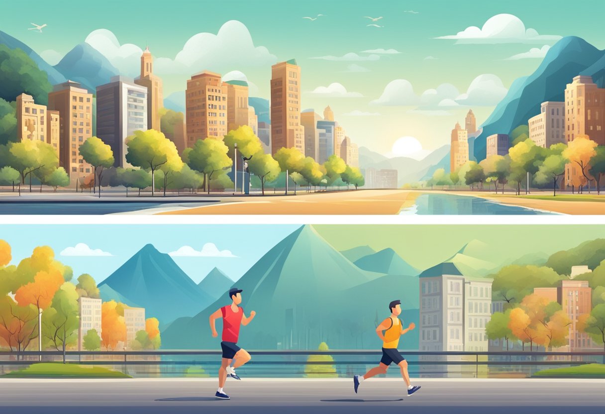 A person running in various landscapes: beach, forest, city, and mountains. Each scene depicts the different environments for jogging and fitness