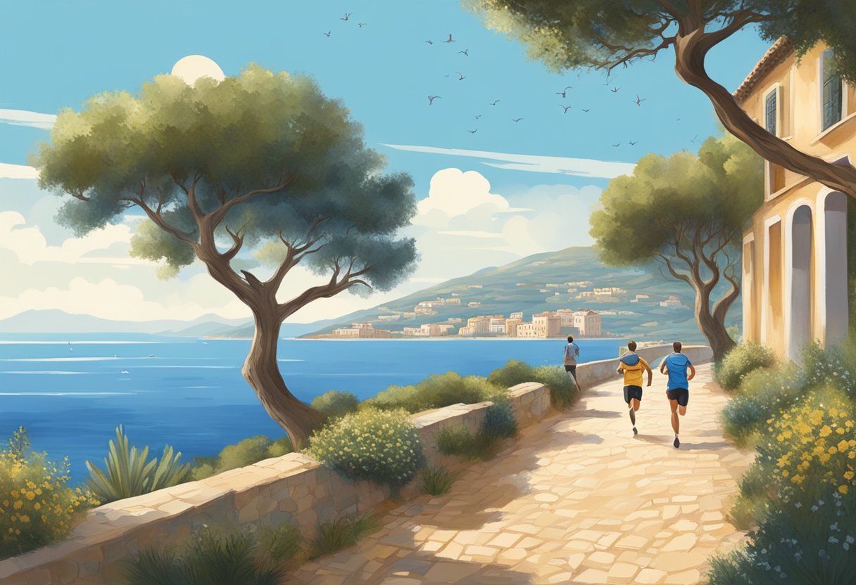 People running on a coastal path with blue skies and calm sea, surrounded by olive trees and traditional Mediterranean architecture