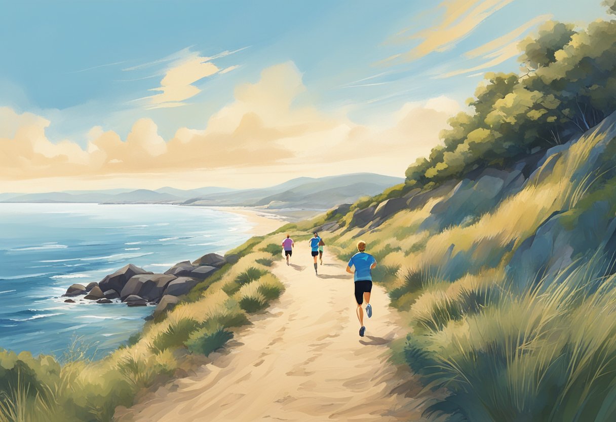 Professionals run and jog along a coastal path with clear blue skies and gentle waves rolling onto the shore