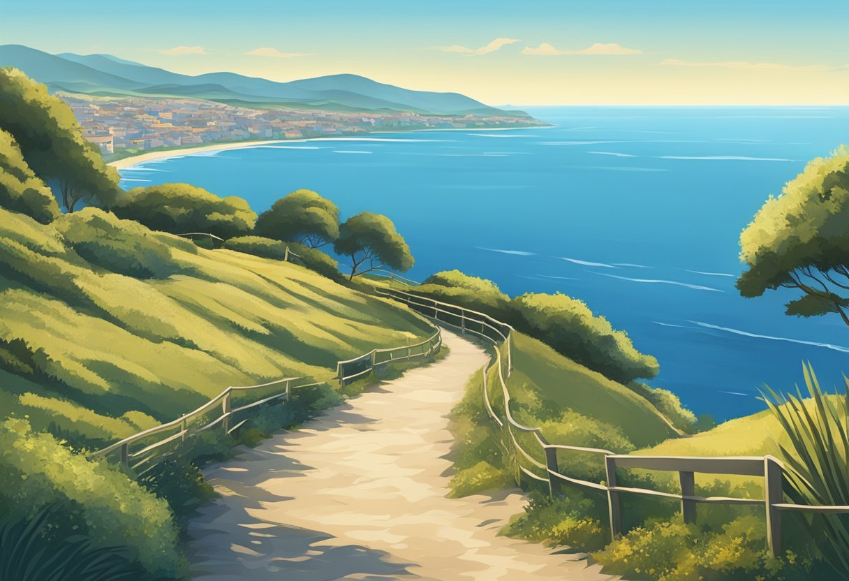 A scenic coastal path with rolling hills, clear blue skies, and the shimmering Mediterranean Sea in the background