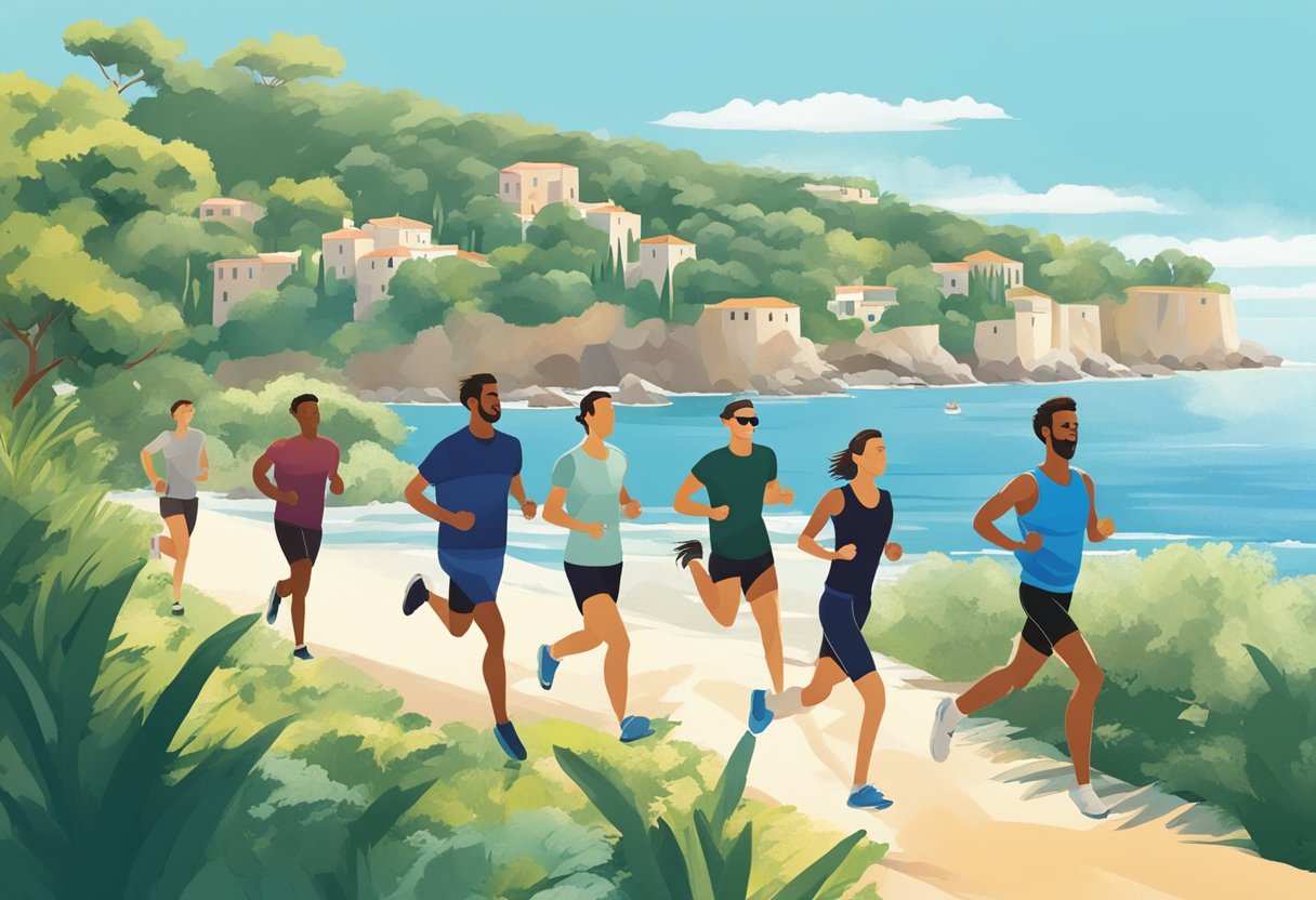 People running along a scenic Mediterranean coastline, with clear blue skies and lush greenery. A group of joggers moving in unison, enjoying the fresh air and exercise