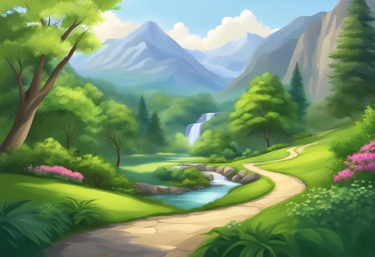 A serene landscape with a winding path through lush greenery, leading to a peaceful clearing with a tranquil waterfall and a backdrop of mountains