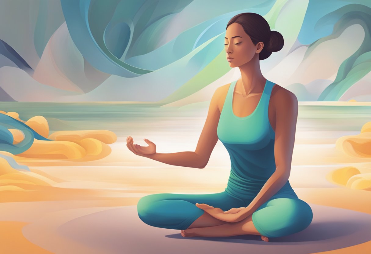 A serene figure meditates amidst a dynamic exercise setting, blending mindfulness with movement