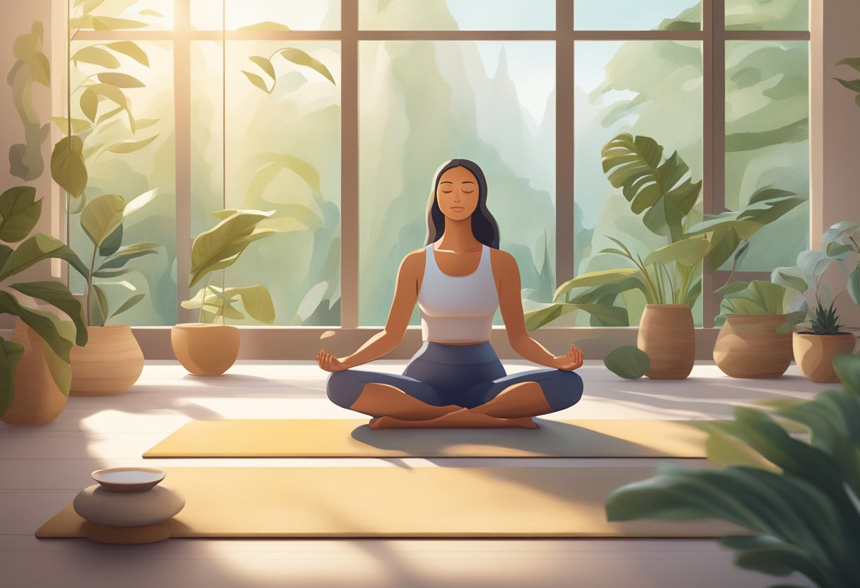 A serene figure meditates amidst flowing yoga poses in a sunlit studio, surrounded by nature-inspired decor and soft ambient music