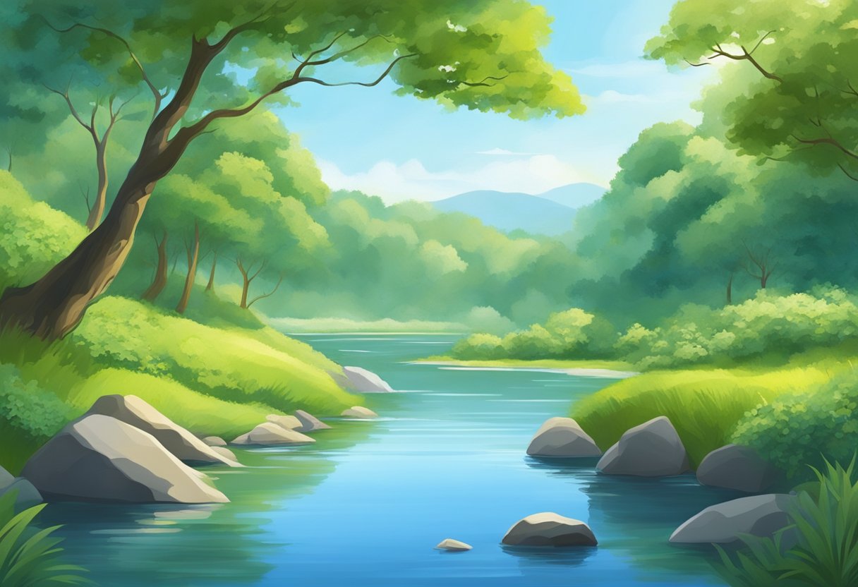 A serene natural setting with a flowing river, lush greenery, and a clear blue sky. A sense of calm and tranquility permeates the scene, evoking the feeling of mindful movement and meditation