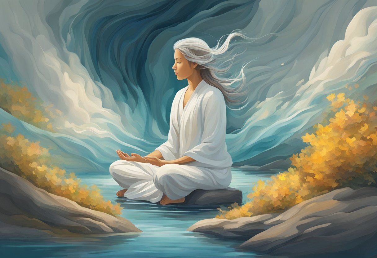 A serene figure meditates amidst flowing, fluid movements. The surroundings exude tranquility and peace, evoking a sense of inner calm and mental clarity