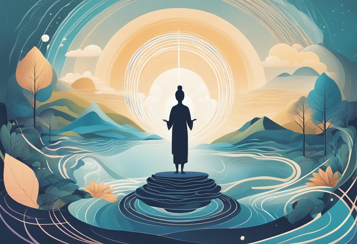 A serene landscape with a figure in a meditative pose, surrounded by flowing lines and symbols representing the integration of mindfulness and movement