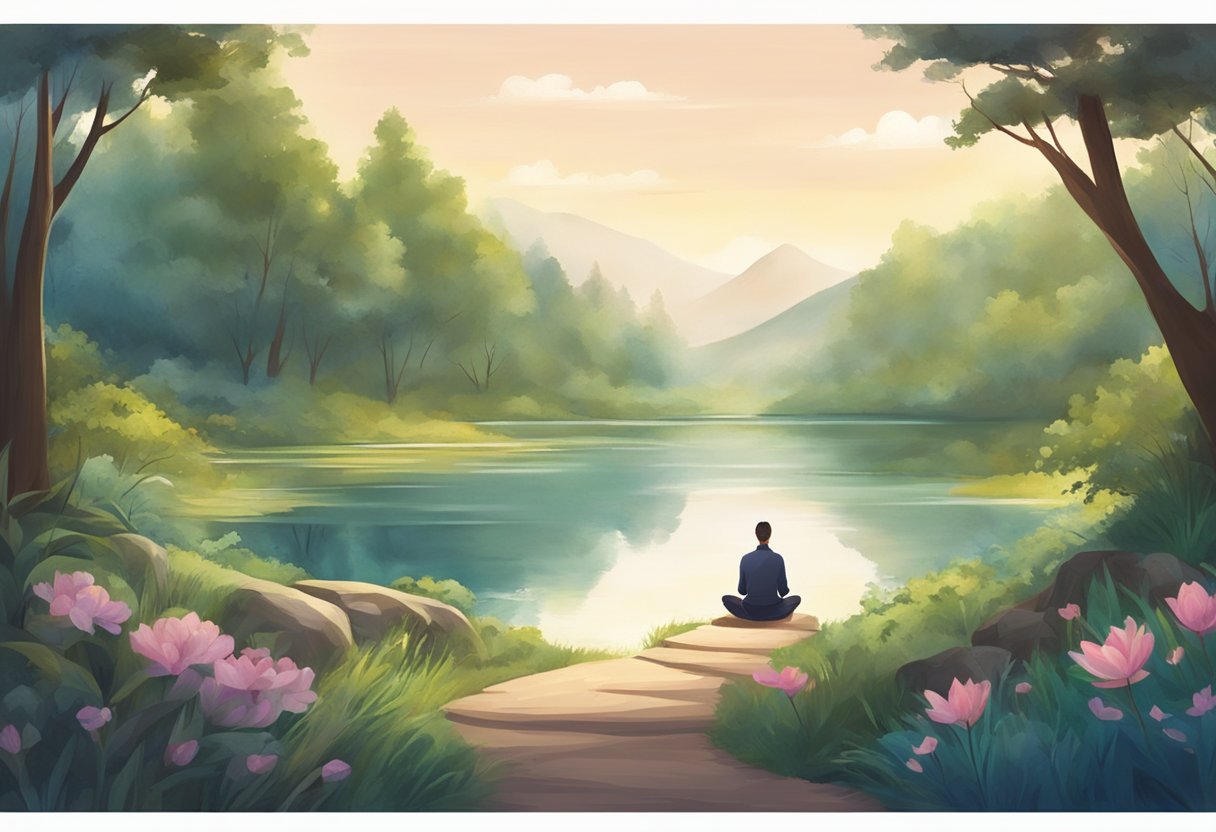 A serene landscape with a person meditating while surrounded by nature, incorporating gentle movement and mindfulness