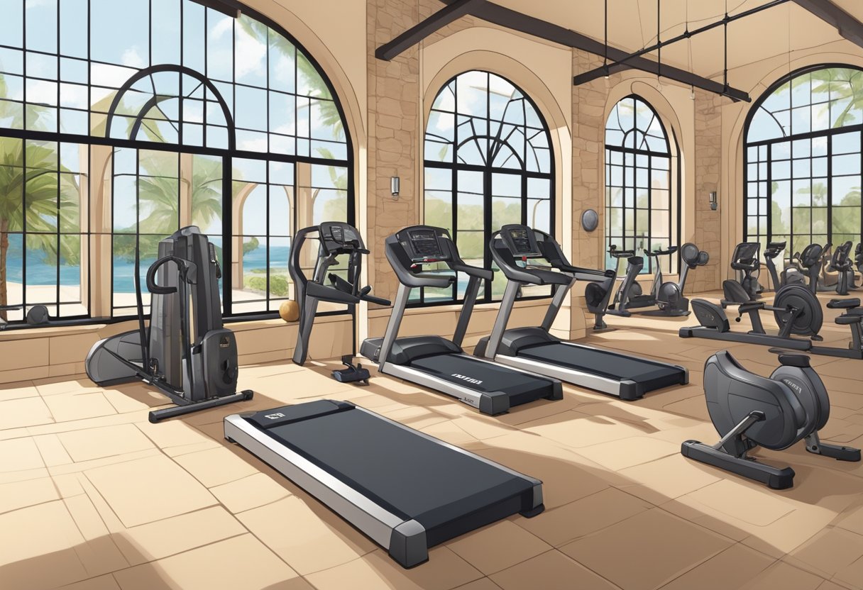 A modern gym with Mediterranean-inspired architecture, featuring stone walls, arched doorways, and natural light flooding in through large windows. Various strength training equipment is arranged neatly throughout the space