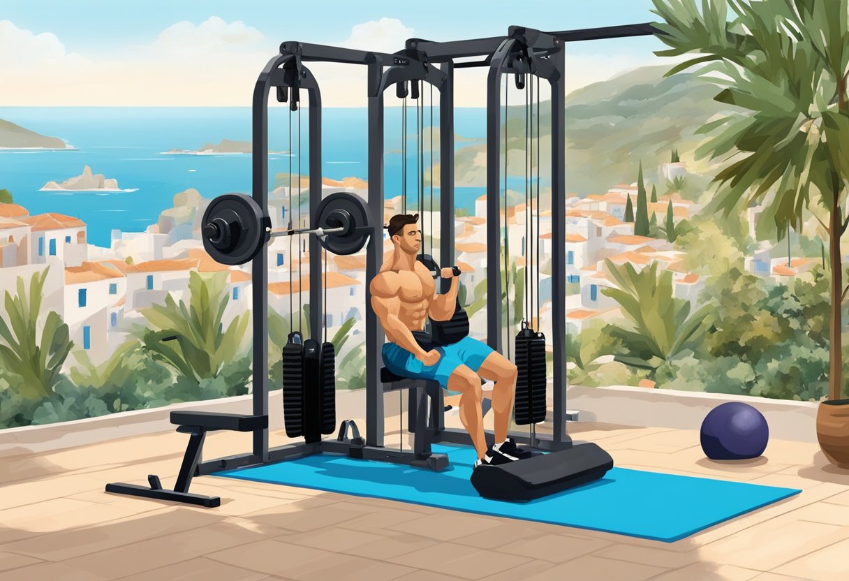 A person uses modern strength training equipment in a Mediterranean setting