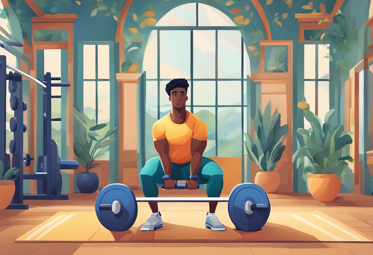 A person lifting weights in a Mediterranean-inspired gym, surrounded by vibrant colors and natural elements, with a sense of focus and determination