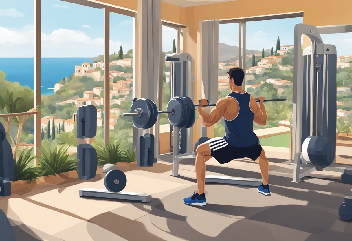 A person lifting weights in a modern gym next to a traditional Mediterranean landscape. The juxtaposition of the two settings highlights the integration of strength training into the Mediterranean exercise routine