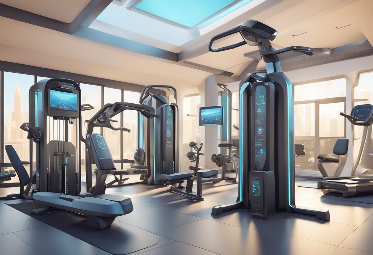 A futuristic gym with Mediterranean-inspired design. Advanced strength training equipment and technology integrated seamlessly. Research articles and charts displayed on digital screens