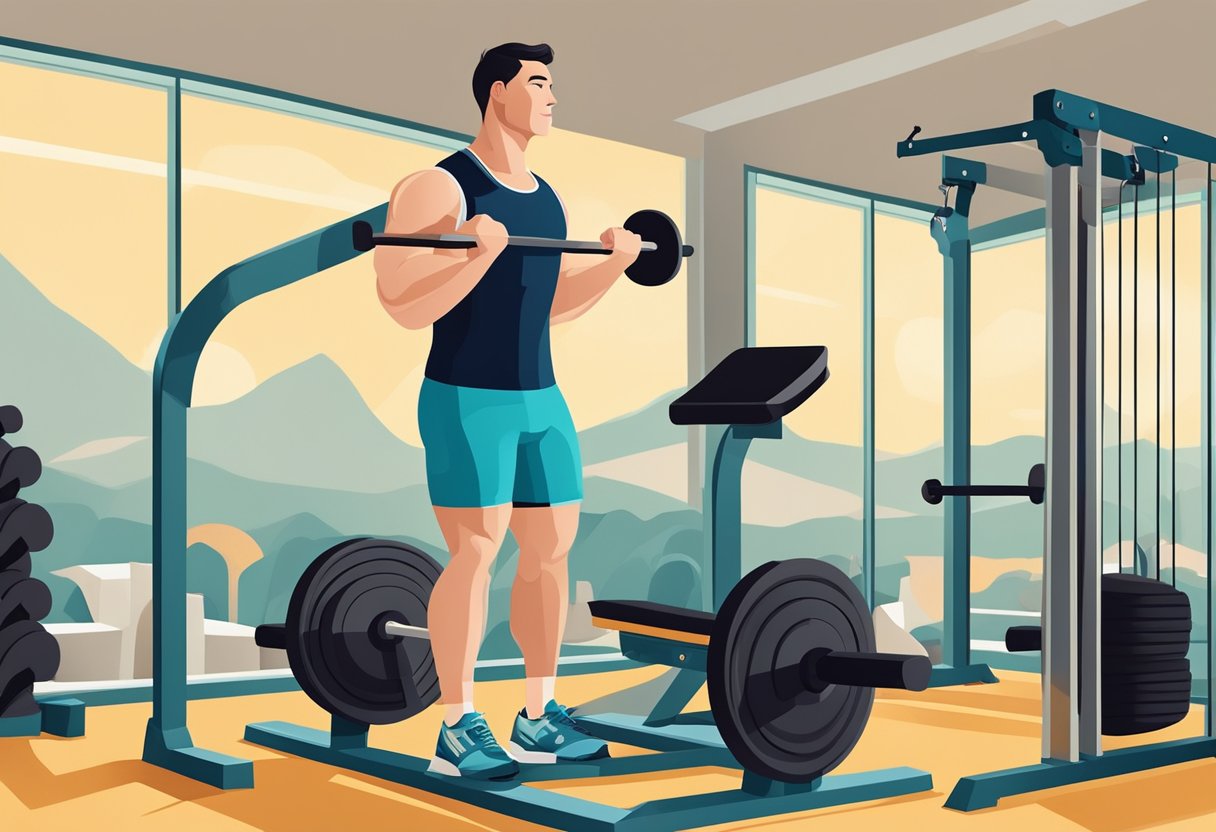 A person lifting weights in a Mediterranean-inspired gym, surrounded by modern exercise equipment